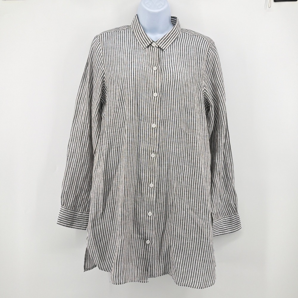 Garnet Hill Easy Linen Tunic Shirt Striped Button Down Oversized Small Charcoal
